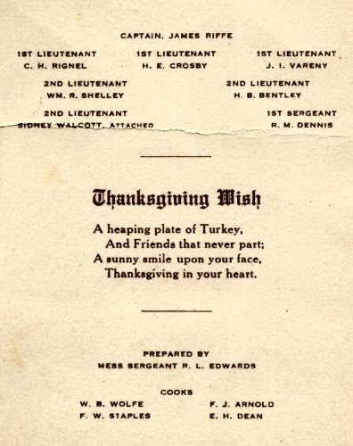 World War One Library - Thanksgiving 1918 - Menu for Company L Dinner