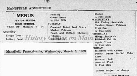 Mansfield Jr. Sr. High School menu from 1969