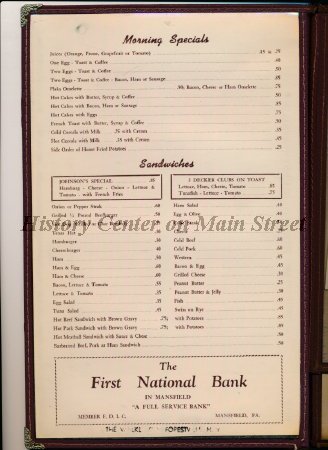 Johnson's Truck Haven Menu 1960s