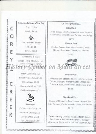 Corey Creek Golf Club Menu 2015