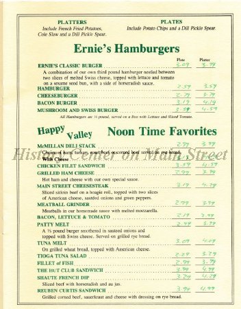 Main Street Restaurant & Lounge Menu 1980