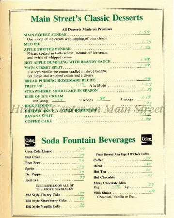 Main Street Restaurant & Lounge Menu 1980