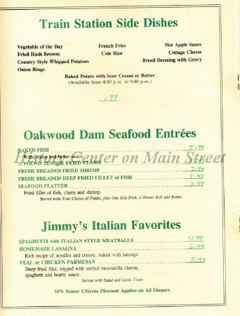 Main Street Restaurant & Lounge Menu 1980