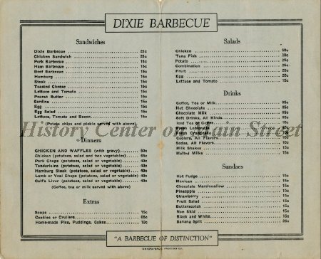 Dixie Barbecue Menu 1930s