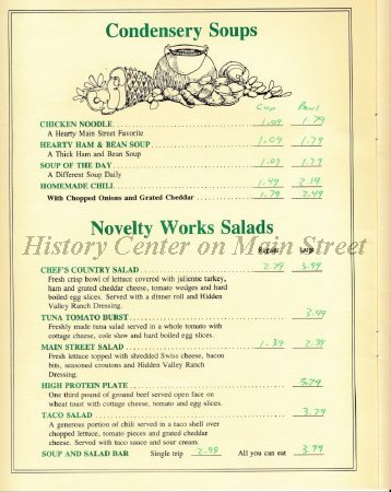 Main Street Restaurant & Lounge Menu 1980